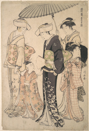 鳥居清長: Two Women in Summer Costume Taking a Young Girl to a Shinto Temple for the Miya Mairi Ceremony - メトロポリタン美術館