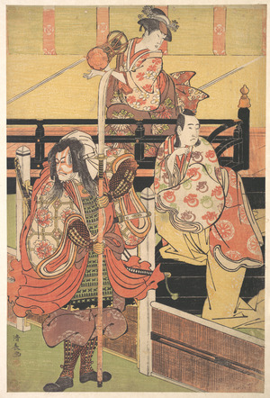 鳥居清長: On a Balcony a Woman is Seated Playing a Tsuzumi, below a Man in Daimyo Costume is Seated upon a Black Lacquer Box - メトロポリタン美術館