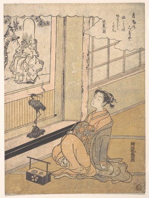 磯田湖龍齋: A Young Woman Seated in a Room and Looking at a Kakemono of Fukurokujin - メトロポリタン美術館