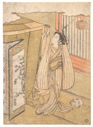 磯田湖龍齋: A Girl Hanging up a Mosquito Net Canopy over Her Bed. - メトロポリタン美術館