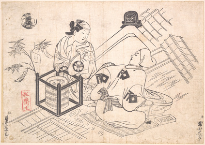 奥村政信: Katsuyama Matagoro as a Yane-chi Seated on a Straw Mat on the Tiled Roof of a House - メトロポリタン美術館