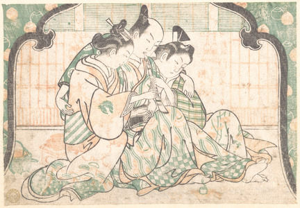 Japanese Print "A Young Man Seated between Two Women" by Okumura Masanobu, 奥村政信 (Okumura Masanobu (Japanese, 1686–1764))