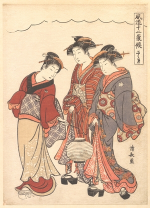 Torii Kiyonaga: Two Geisha Preceded by a Maid Carrying a Lantern - Metropolitan Museum of Art