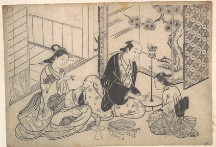 Hasegawa Mitsunobu: Interior, Three Figures: Sake Party - Metropolitan Museum of Art