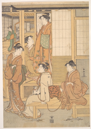 勝川春潮: Group of Young Women on the Veranda of a Tea–house - メトロポリタン美術館