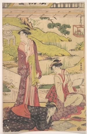 勝川春潮: Three Ladies in a Garden - メトロポリタン美術館