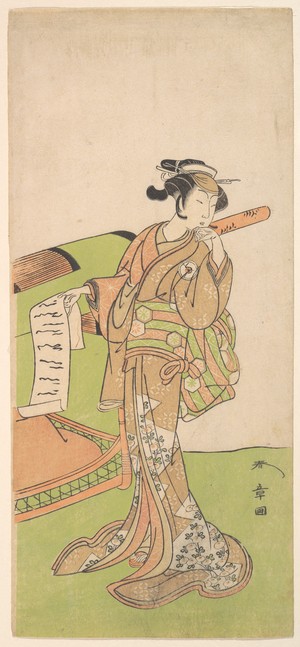 Katsukawa Shunsho: The Actor Iwai Hanshiro IV in Female Role, Standing Beside a Litter - Metropolitan Museum of Art