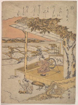 勝川春章: Woman on Veranda, Spinning; another Pounding Cloth on Rock in Foreground - メトロポリタン美術館