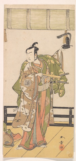 勝川春章: Arashi Sangoro as a Samurai Standing on the Veranda of a Great House - メトロポリタン美術館