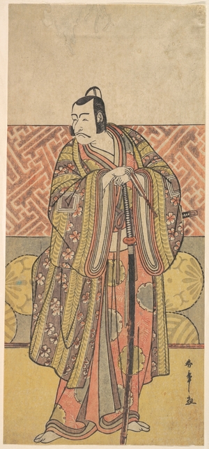 勝川春章: Ichikawa Danjuro V as Kudo Suketsune, Richly Attired, Leaning on His Sword - メトロポリタン美術館