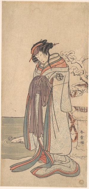 勝川春章: The Third Segawa Kikunojo as a Courtesan Standing in the Snow - メトロポリタン美術館