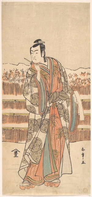 勝川春章: The Second Ichikawa Monnosuke as a Man of High Rank Standing in the Snow - メトロポリタン美術館