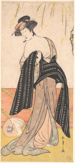 勝川春章: The Actor Nakamura Riko as an Oiran Tying Her Obi - メトロポリタン美術館