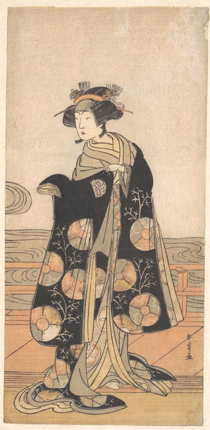 勝川春章: Yoshizawa Iroha as a Woman Standing on the Engawa of a House by a River - メトロポリタン美術館