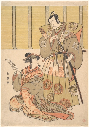 勝川春章: Ichikawa Danjûrô V as Kûdo no Suketsune, and Nakamura Rikô as Oiso no Tora - メトロポリタン美術館