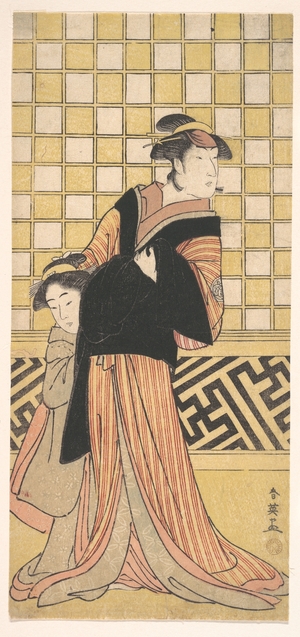 Katsukawa Shun'ei: Wakayama Tomisaburo as a Woman in a Yellow and Red-Brown Striped Kimono - Metropolitan Museum of Art