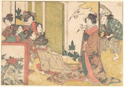 喜多川歌麿: Girls Entertained by Performers, from the illustrated book Flowers of the Four Seasons - メトロポリタン美術館