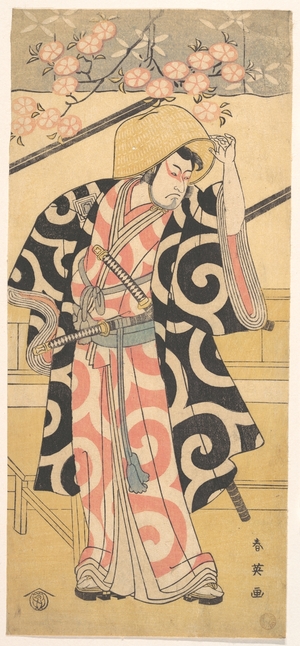 勝川春英: The Second Ichikawa Monnosuke as a Samurai Standing by a Wooden Bench - メトロポリタン美術館