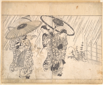 西川祐信: A Lady with Three Attendants in the Rain - メトロポリタン美術館