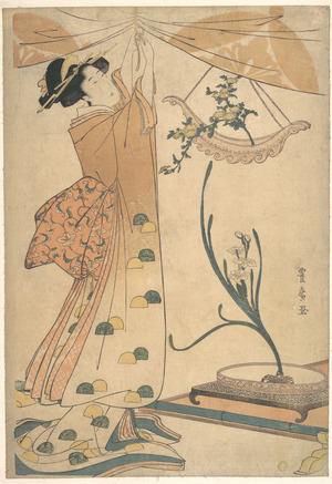 歌川豊広: A Woman Tying up a Curtain, a Flower Arrangement of Chrysanthemums in a Boat-shaped Hanging Vase, and Narcissus Arranged in a Flower Vase - メトロポリタン美術館