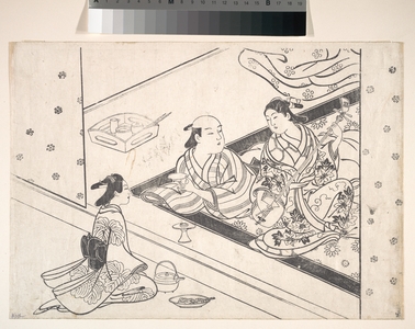 西川祐信: Lady Playing Shamisen, with Her Lover and Attendant Nearby - メトロポリタン美術館