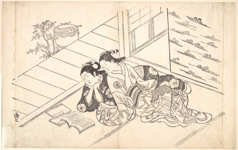 西川祐信: Two Women Reclining on the Floor of a Room and Reading a Book - メトロポリタン美術館