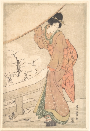Utagawa Toyohiro: A Young Woman in a Snow Storm Carrying a Heavily Snow-Laden Umbrella - Metropolitan Museum of Art