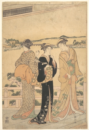 勝川春山: Three Women on a Veranda Overlooking a Bay - メトロポリタン美術館