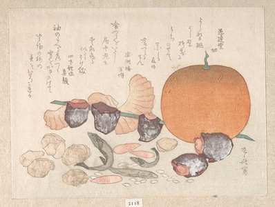 柳々居辰斎: Orange, Dried Persimmons, Herring-Roe and Different Nuts; Food Used for the Celebration of the New Year - メトロポリタン美術館