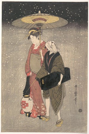 喜多川歌麿: Geisha Walking through the Snow at Night - メトロポリタン美術館