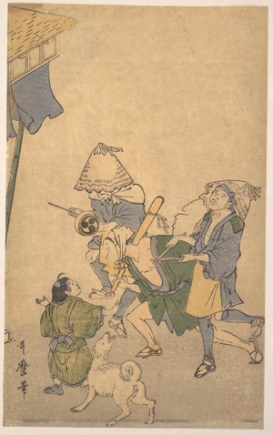 Kitagawa Utamaro: Three Revelers of the Lower Classes, Wearing Komuso Hats, with Small Boy and Dog - Metropolitan Museum of Art