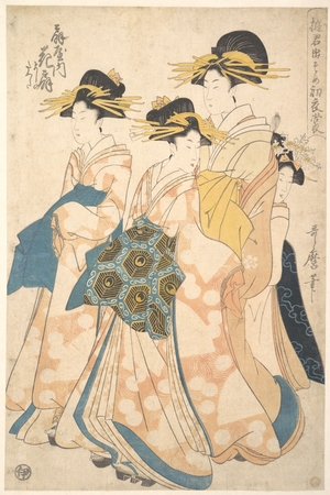 Utamaro II: The Oiran Hanaogi of Ogiya attended by Two Shinzo and Her Kamuro Yoshino - メトロポリタン美術館
