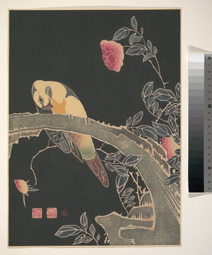 伊藤若冲: Parrot on the Branch of a Flowering Rose Bush - メトロポリタン美術館