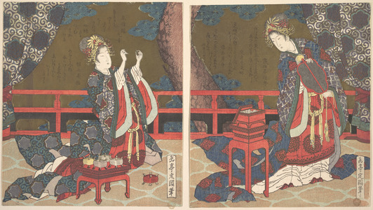 屋島岳亭: Two Ladies on a Verandah, One with Fan, the Other Threading a Needle - メトロポリタン美術館
