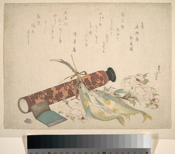 Katsushika Hokusai: Still Life: Double Cherry-Blossom Branch, Telescope, Sweet Fish, and Tissue Case - Metropolitan Museum of Art