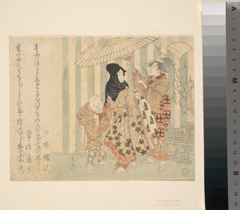 Ryuryukyo Shinsai: Courtesan with Attendants, Boy and Maid, in the Rain Under an Umbrella - Metropolitan Museum of Art