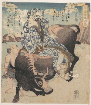 歌川国芳: Roshungi (Chinese, Lu Zhunyi) as a Woman with a Pipe Riding on a Buffalo - メトロポリタン美術館