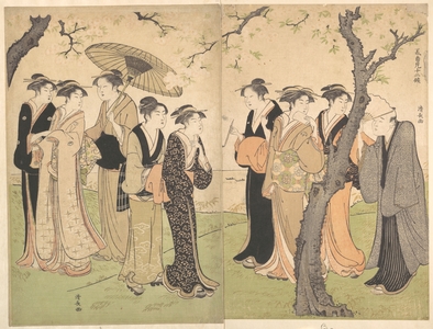 鳥居清長: Group of Six Geisha Under the Cherry Trees on Gotenyama - メトロポリタン美術館