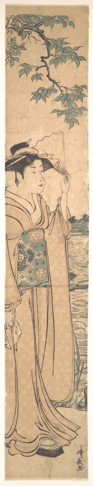 鳥居清長: Woman with Fan on the Banks of the Sumida River - メトロポリタン美術館