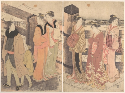 勝川春潮: A Group of Women, One Man and a Boy on a Bridge - メトロポリタン美術館