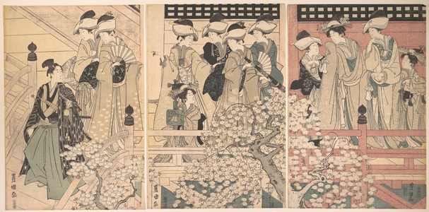 歌川豊国: Beauties on a Veranda among Cherry Blossoms from which a Samurai is Departing - メトロポリタン美術館