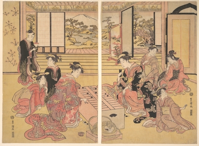 歌川豊国: Two Young Women Playing a Game of Sugoroku - メトロポリタン美術館