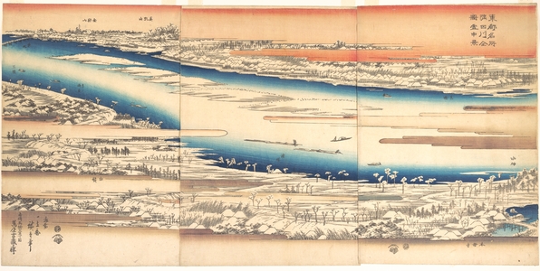 歌川広重: Celebrated Places in the Eastern Capital: Panoramic View of the Sumida River in Snow - メトロポリタン美術館