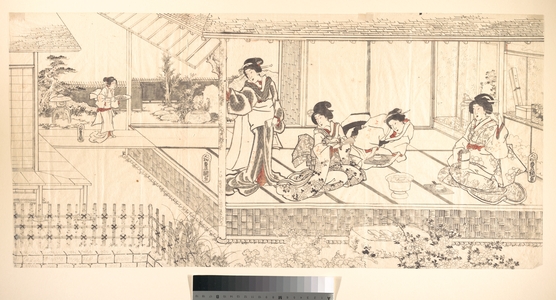 歌川国貞: Two Court Ladies (Goten Jochu) and a Geisha at a Restaurant - メトロポリタン美術館