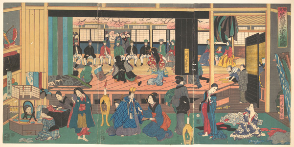 歌川芳員: Foreigners Enjoying Children's Kabuki at the Gankirô Tea House - メトロポリタン美術館