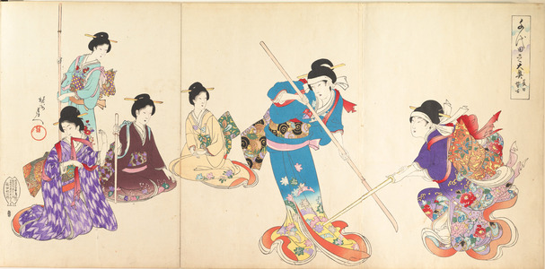 豊原周延: Ladies in Waiting of the Chiyoda Castle: Sword Practice and Puppet Kyôgen - メトロポリタン美術館