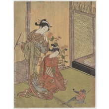 Suzuki Harunobu: Two Girls Looking at a Monkey on a Leash - Metropolitan Museum of Art