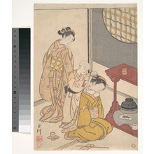 Suzuki Harunobu: Night Rain at the Double-Shelf Stand, from the series Eight Parlor Views (Zashiki hakkei) - Metropolitan Museum of Art