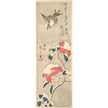 歌川広重: Snow–laden Tsubaki (Camellia) and Sparrow - メトロポリタン美術館