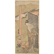 Torii Kiyonaga: An Oiran in Night Attire, pausing, with one Hand on the Screen that Surrounds Her Bed - Metropolitan Museum of Art